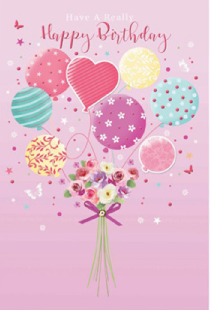 This illustrated birthday design feels like a gentle celebration floating above Dalston's lively cafes and vintage shops, captured on a soft pink backdrop. At the top of the composition, a loose cluster of pastel balloons rises gracefully, as if caught in a warm, slow breeze coming off Kingsland High Street. Shades of blush, mint, lavender, and pale sunshine yellow blend in a calm, harmonious palette. Each balloon carries its own joyful character: some are wrapped with spiralling ribbon-like stripes, others are scattered with dancing polka dots, and a few show delicate, garden-inspired motifs that hint at the fresh bouquet below. The balloons come together at a central gathering point, where fine strings lead downwards, connecting them to a charming arrangement of flowers. The bouquet at the base feels hand-tied and personal, with small roses and daisy-like blooms clustered tightly together, their petals tinted from cream to soft rose and deeper raspberry pink. The imagined texture is velvety, with a gentle sheen that suggests freshly cut stems and just-opened buds, like those you might find in a Dalston florist early in the morning. A glimmering purple bow encircles the stems, catching the printed light in a way that implies satin or organza. Tiny accents-suggested sparkles and delicate highlights-give the scene a magical quality, as though this floating bouquet is glowing quietly against the sky. The overall mood is warm and affectionate, evoking the feeling of a birthday wish whispered with care, perfect for someone who loves both playful design and softly romantic flowers delivered right to their Dalston doorstep.