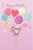 A whimsical birthday artwork stretches across a pale pink background, conjuring the feeling of a light-hearted celebration somewhere between the market bustle of Ridley Road and the leafy calm of Hackney Downs. At the heart of the illustration, a cluster of pastel balloons drifts upwards, shaped into a loose bouquet that feels both airy and intentional. Hues of blush, soft teal, lavender, and buttery yellow shimmer together, each balloon sporting its own pattern: twirling stripes like ribbons streaming down Kingsland Road, tiny dots that look like sprinkled confetti, and stylised florals that echo the real flowers below. The balloons are gathered by slender strings that fall gracefully to a compact hand-tied bouquet at the base, as though the flowers themselves are floating up to join the sky. These blooms appear freshly cut, with layered petals in creamy white, blush pink, and muted mauve, their softness suggested by gentle shading and subtle highlights along each curve. The bouquet is finished with a rich violet bow, slightly sparkly, giving a polished flourish that hints at a florist's practiced hand. Light seems to pour over the entire scene, glancing off the balloon surfaces and tracing the contours of each petal, adding depth and a delicate glow. The overall feeling is joyful yet calm, like a quiet birthday morning in Dalston when a thoughtful card and bouquet arrive together. It captures the essence of celebration without noise or clutter-just balloons, blossoms, and the tender suggestion of a wish being lifted into the air.